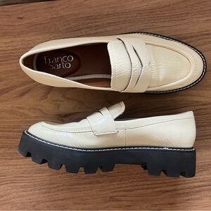 Franco Sarto Cream Patent Leather Loafers with Black Chunky Soles - Size 6